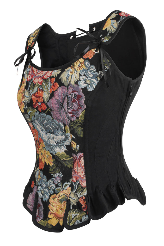 Black corset top with floral print