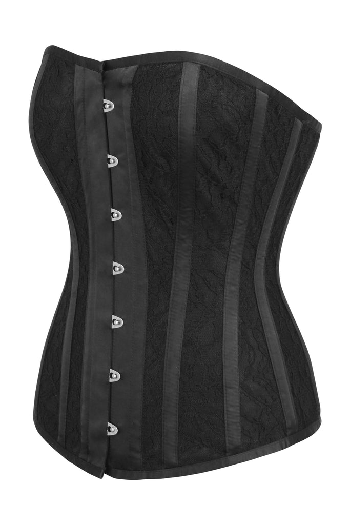 Black Satin Edwardian Longline Overbust Corset with Lace Overlay panel