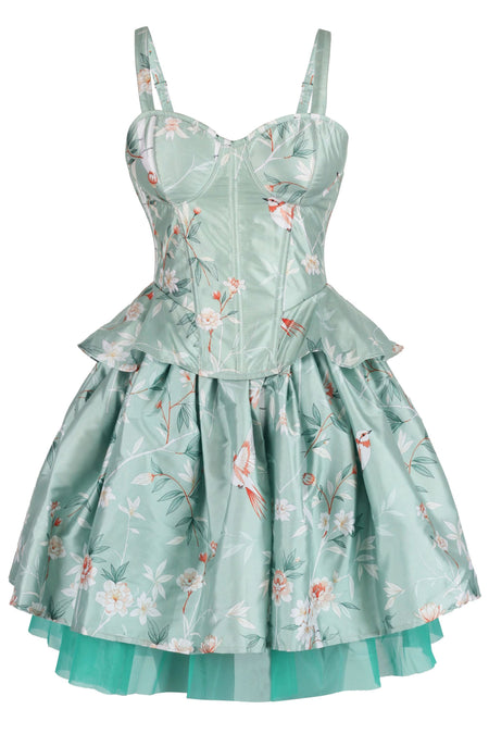 Vintage-Inspired Floral Corset & Skirt Set in Mint Satin