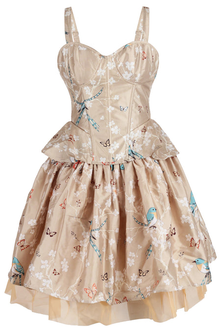 Champagne Garden Corset & Skirt Set with Butterfly and Bird Print