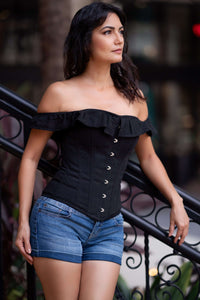 Black Cotton Straight Bustline Corset Top With Off The Shoulder Sleeves