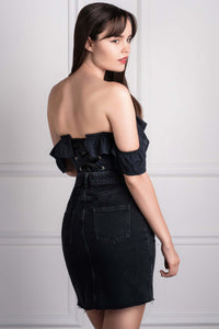 Black Cotton Straight Bustline Corset Top With Off The Shoulder Sleeves