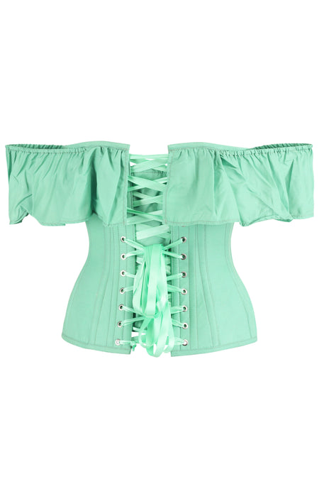 Mistletoe Green Cotton Corset Top with Frill Sleeves