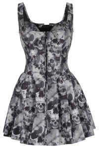 Gothic Skull Print Corset Dress – Zip Front & Lace-Up Back