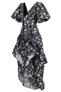 Gothic Skull Print High-Low Corset Dress with Puff Sleeves