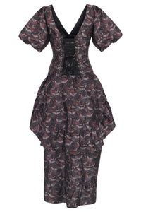 Dark Romantic Corset Gown with Puff Sleeves and Draped High-Low Skirt