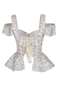 White Floral Peplum Corset with Ruffle Shoulder Straps