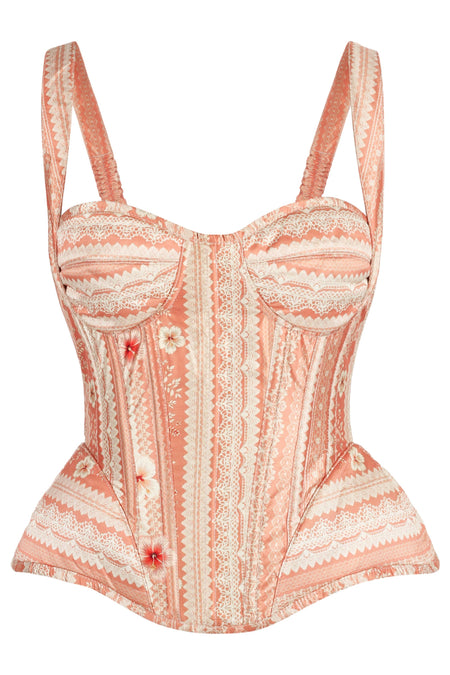 Peach Vintage Lace Print Shoulder Strap Corset