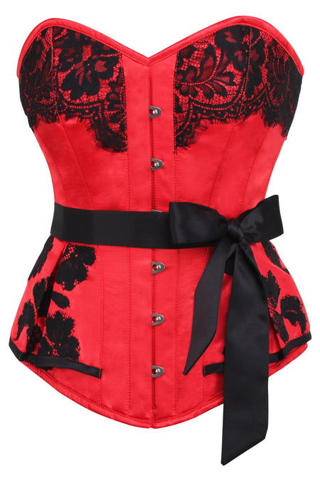 Red and Black Brocade Corset Top with Long Chiffon Sleeves