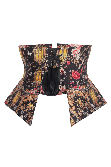Gothic Cathedral Print Underbust Corset with Peplum Skirt Panels