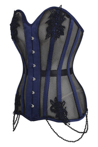 Navy Blue with Black Mesh and Lace Appliqué Waist Taming Overbust Corset