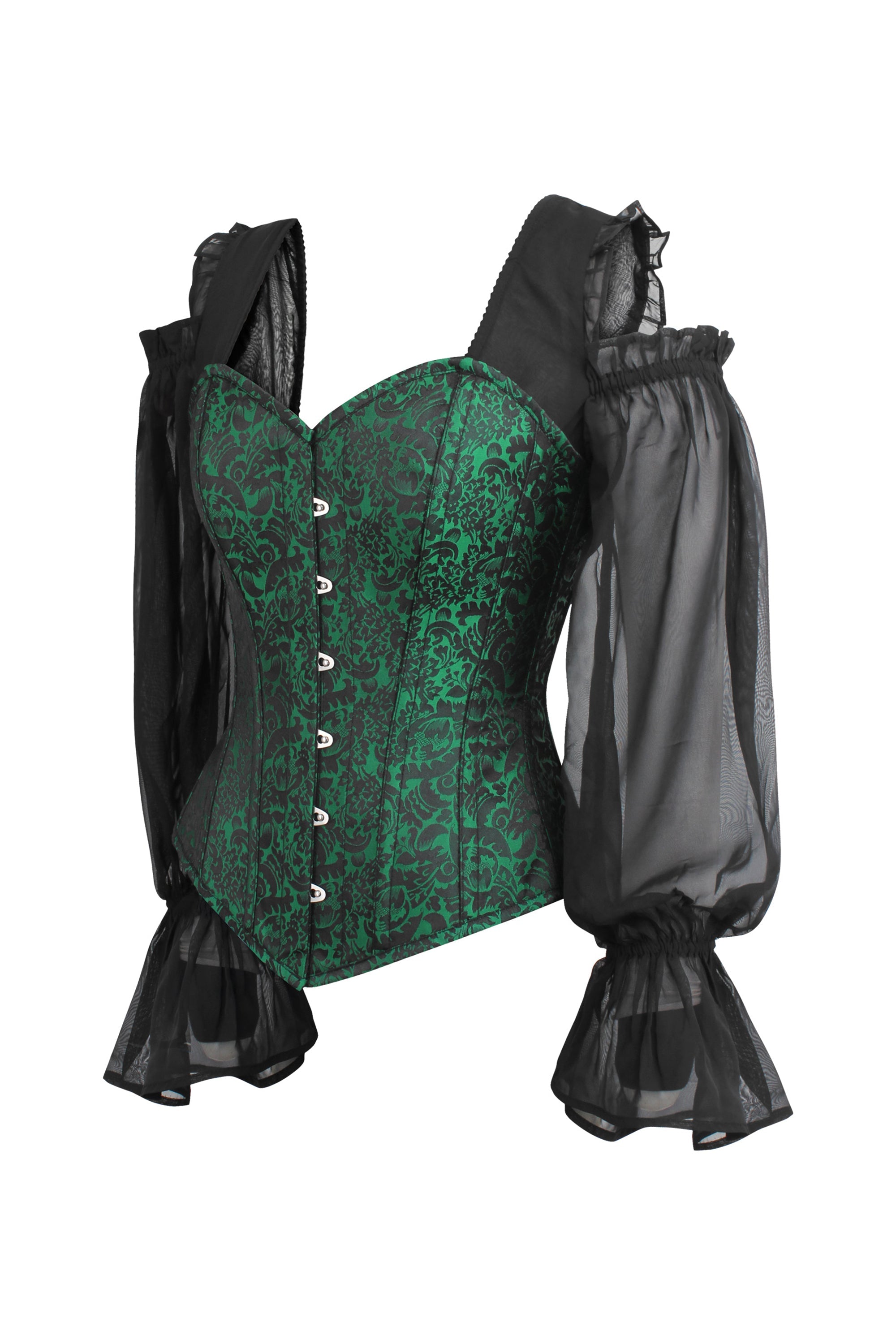 Long sleeve Green and Black Brocade Corset Top with Chiffon