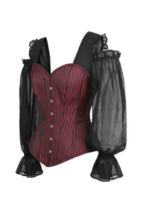 Corset Story BC-021 Long Sleeve Red and Black Striped Overbust Corset with Chiffon Sleeves