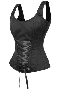Corset Story BC-027 Black Brocade Overbust Corset with zip fastening and button detail straps