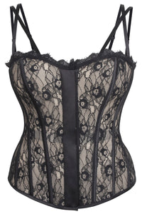 Clementine Black Satin and Lace Overbust Corset with Spaghetti Straps
