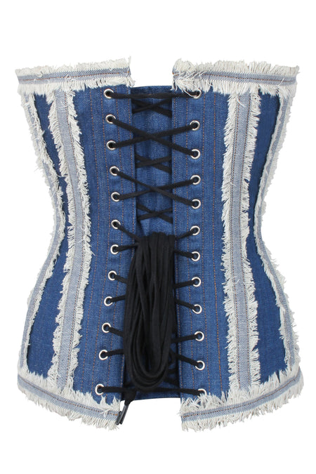 Corset Story LW011 Distressed Denim Single Layer Longline Overbust Corset