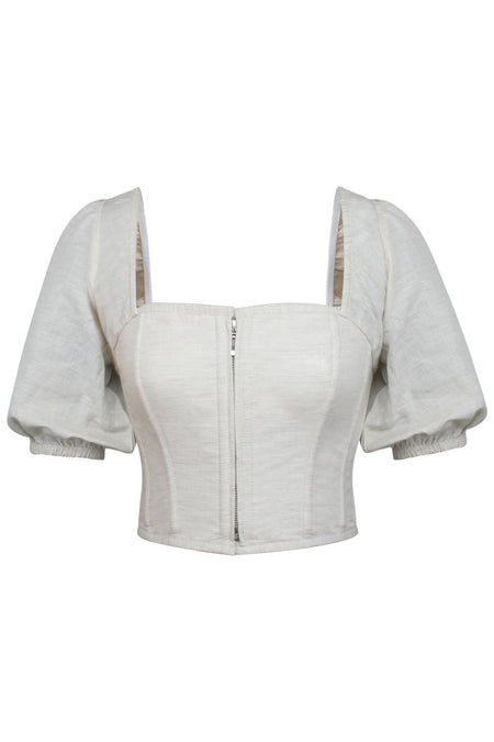 Corset Story SC-050 Fern Oatmeal Linen Cropped Corset With Puff Sleeves