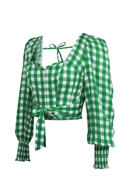 Corset Story SC-053 Blossom Gingham Green Viscose Cropped Corset Top With Elasticated back