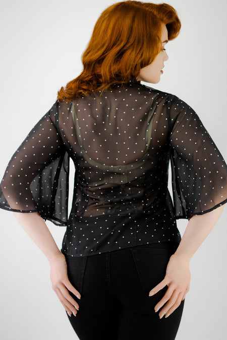 Banned BL1198BLK/WHT Black Pleat Polka Dot Blouse with Wide Sleeves